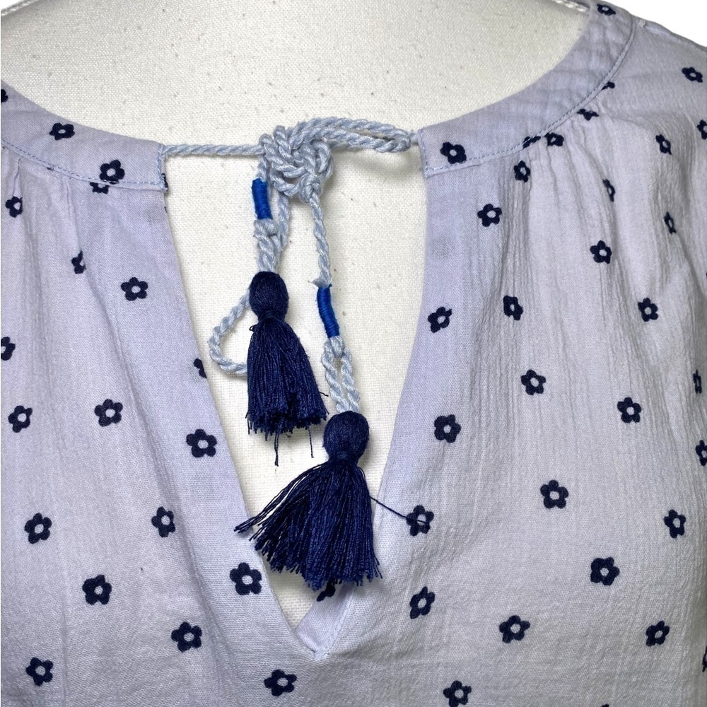 Boden Blue Gauzy Cotton Floral Pullover Boho Tassel Peasant Blouse - Picture 4 of 13